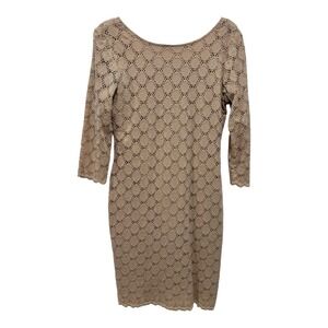 Ronnie Nicole Dress Womens 6 Beige Lace Overlay Scalloped 3/4 Sleeves Hem Zip Up